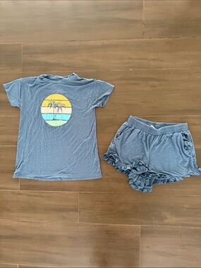 Nordstrom Blue Girls' Short-Sleeve T and Shorts Set with Sunset Palm Graphic